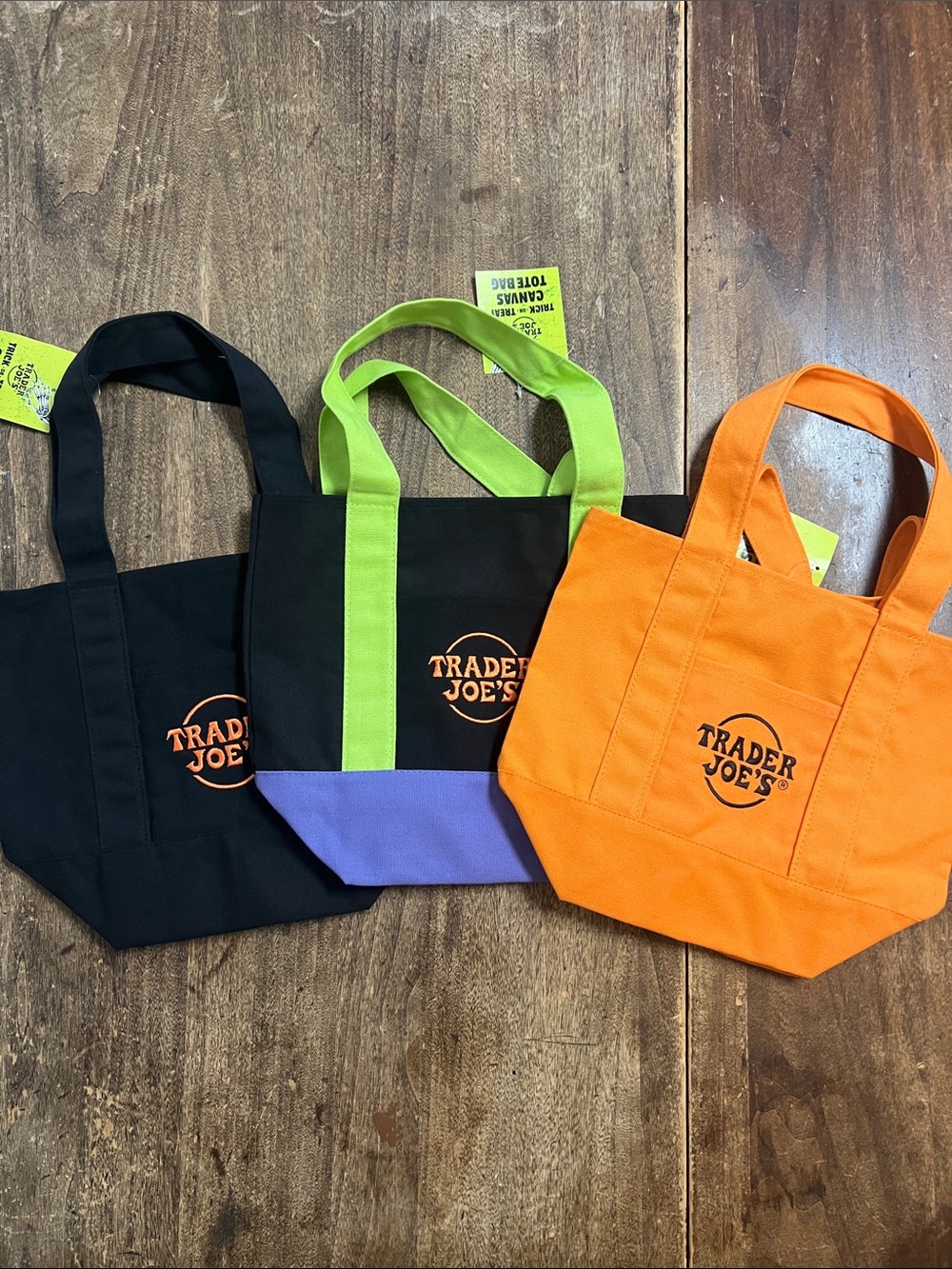 Trader Joe's Small Canvas Tote Bag - Orange/Black/Green Accent - set of 3 👻🎃
